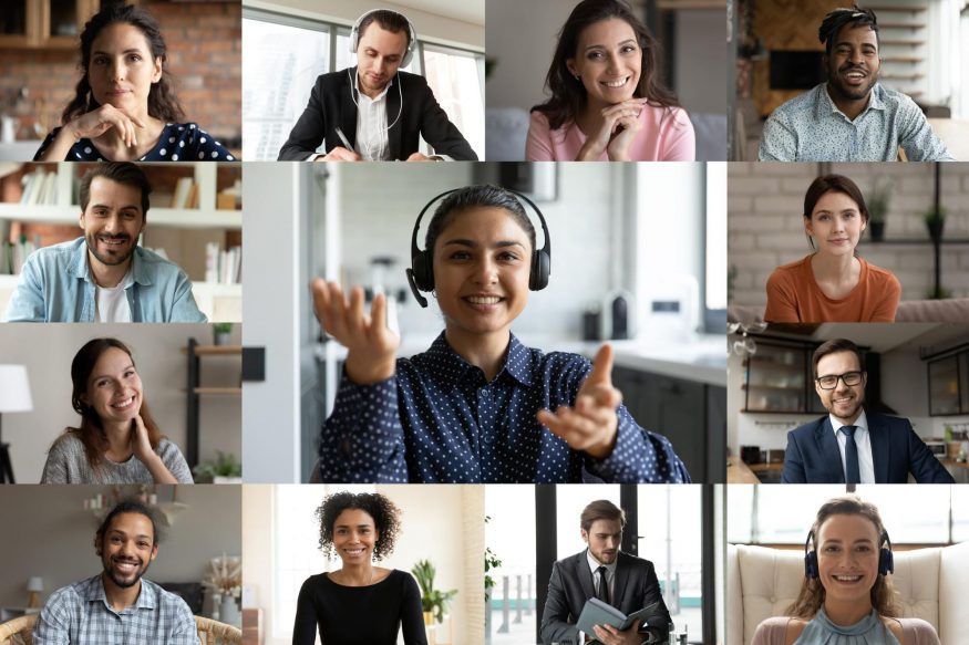 remote team building activities: Colleagues engaging in a video conference call