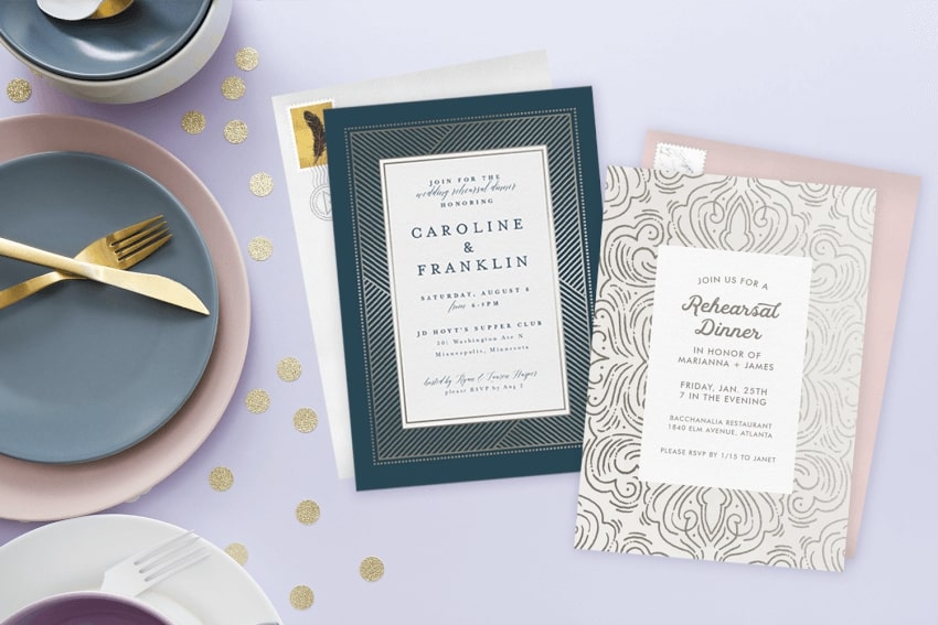 Rehearsal dinner invitations on a table